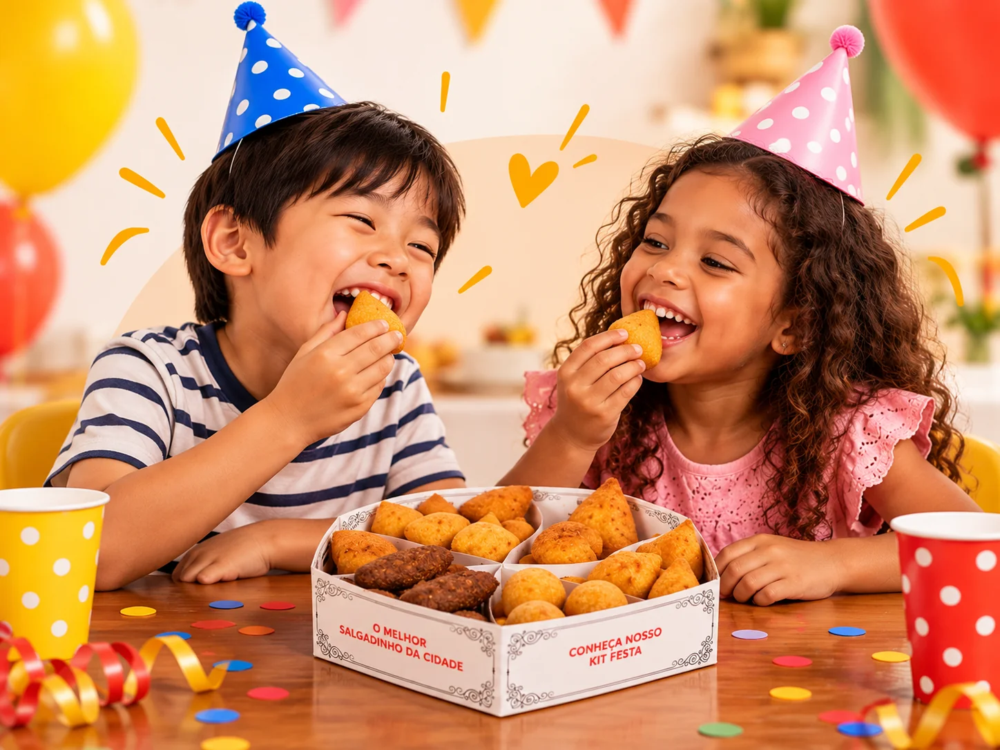 Crianças celebrando aniversário com salgadinhos NAHA